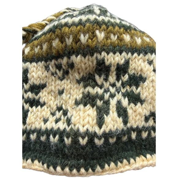 Vintage Nepali Knit 100% Wool Chullo Beanie Hat Youth Green Cream Fair Isle - Picture 8 of 8